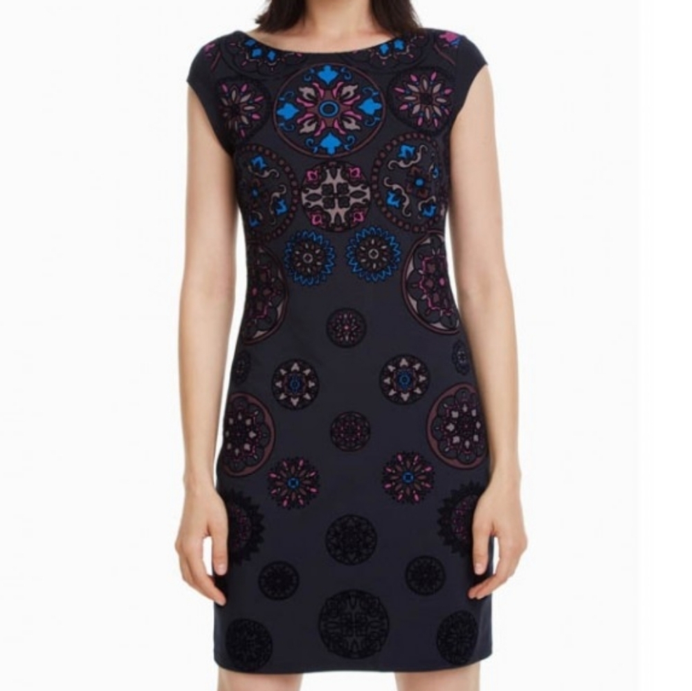 Desigual Sofia Patterns Boho Floral Print Mini Casual Navy Blue Dress Size XL.